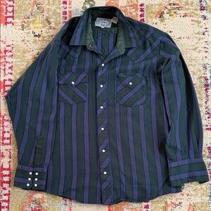 Men's Striped Button-Up Shirt - Green with Blue & Red Stripes